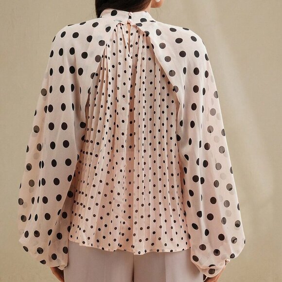 Baby Pink Elegant Women's & Polka Dot Pleated Tie Front Long Sleeve Blouse - Picture 3 of 7